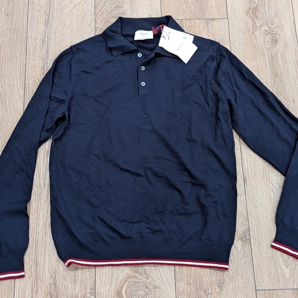$600 Mens Bally Logo Merino Wool Polo Sweater Navy 48 US 38